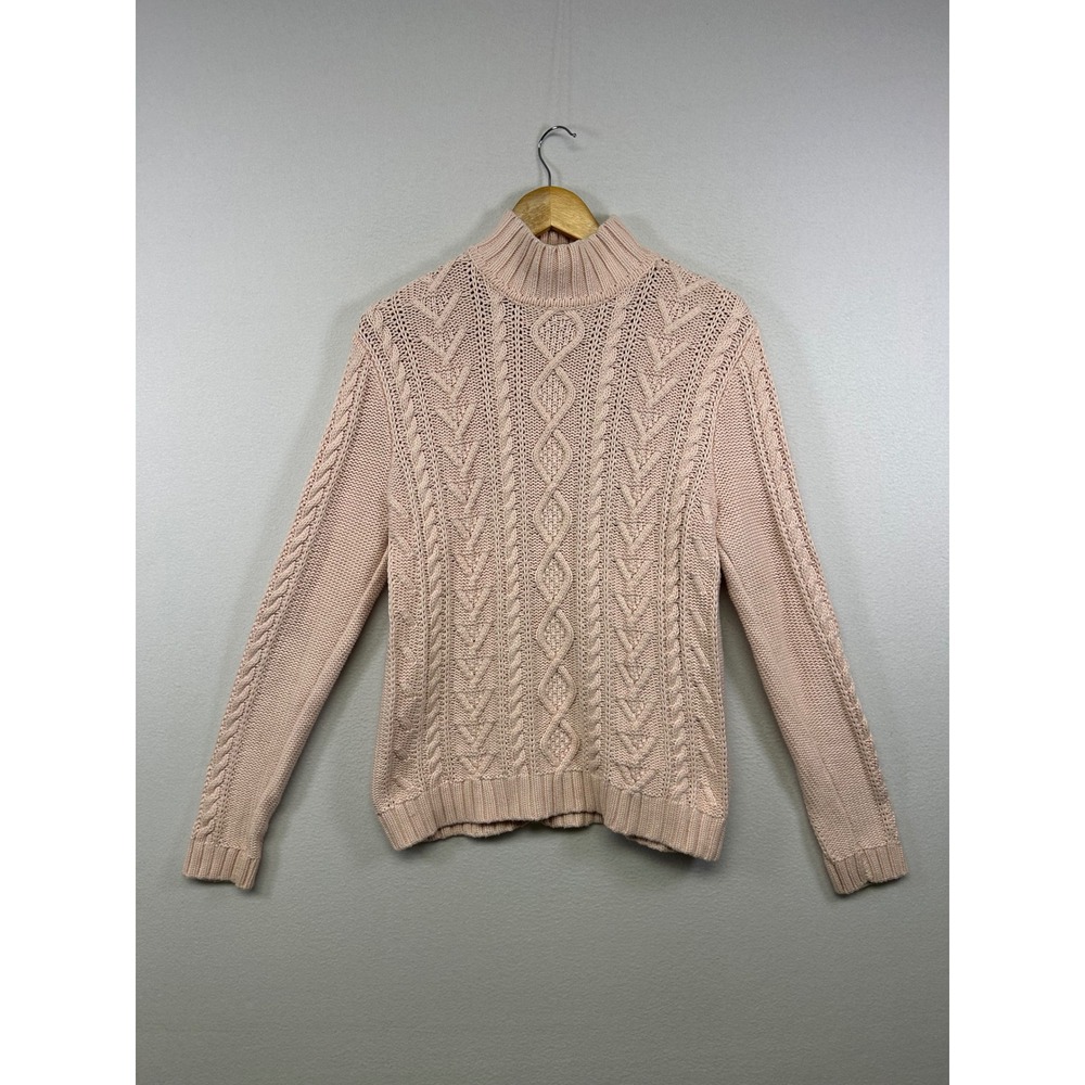 Preppy‎ Classic Chaps Womens Large Pink Mock Neck Cable Knit Cotton Sweater